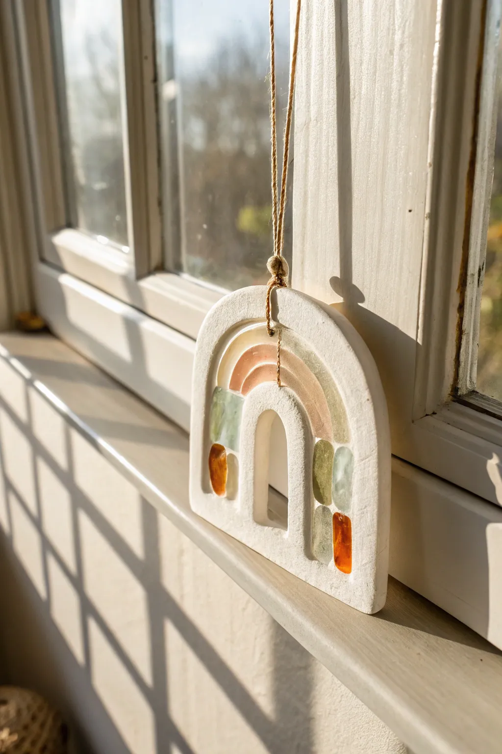 Minimal arch clay suncatcher with translucent inlays, glowing in sunlight and casting soft color.