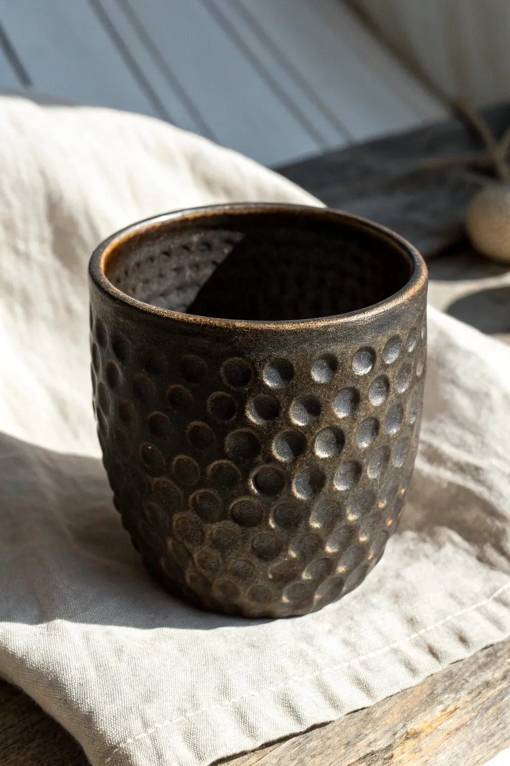Moon-crater textured clay cup in charcoal tones, dramatic side light for bold shadowed depth