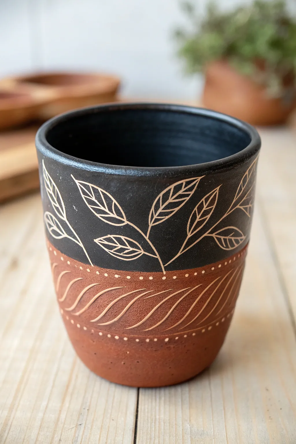 Sgraffito clay cup with dark slip and simple leaf scratches, clean minimalist boho vibe.