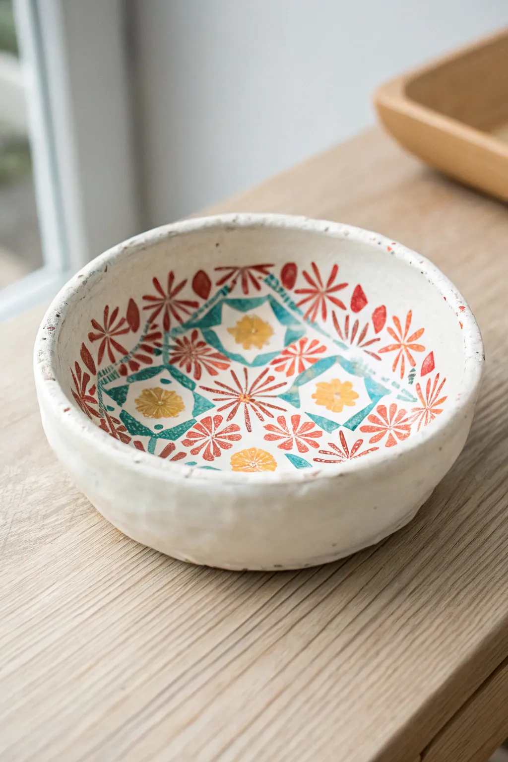 Bright napkin-decoupage clay dish, a minimalist boho catchall that pops on any desk.