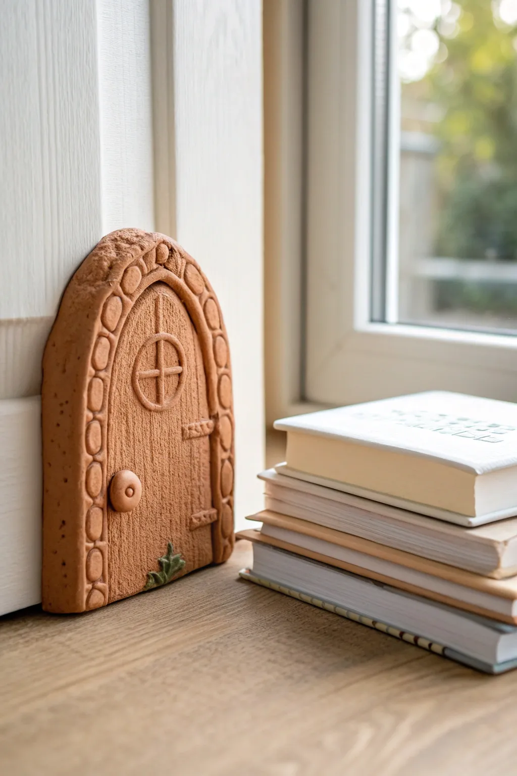 Mini clay dough fairy door with simple vines, ready to spark woodland stories on any shelf.