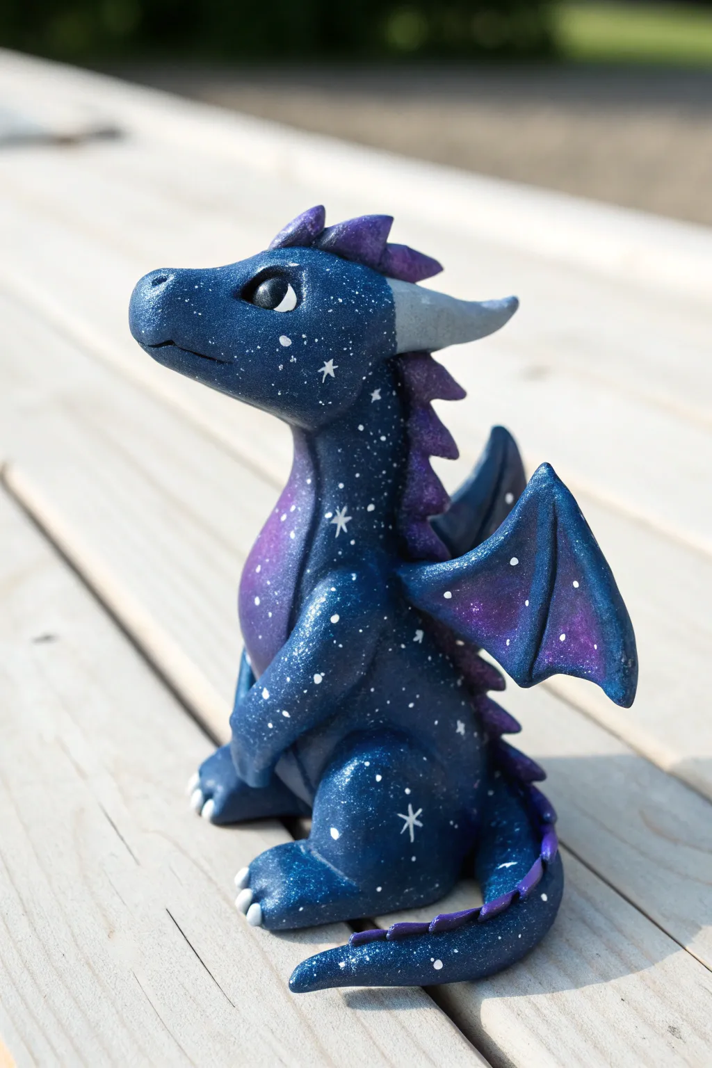 Galaxy marble clay dragon in deep blues and purples, finished with tiny star speckles.