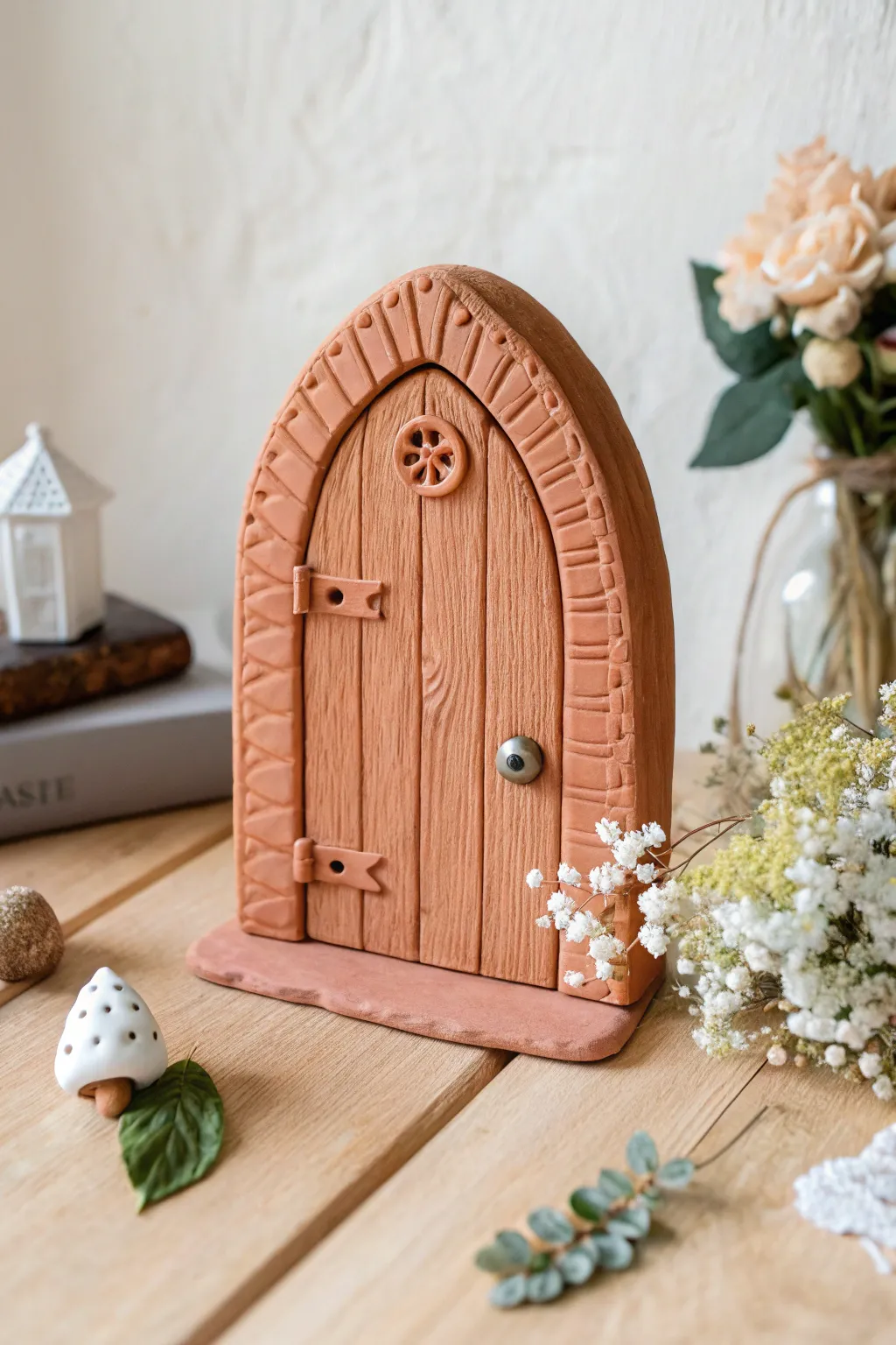 Interchangeable clay fairy door with seasonal accents, minimalist set for year-round whimsy.