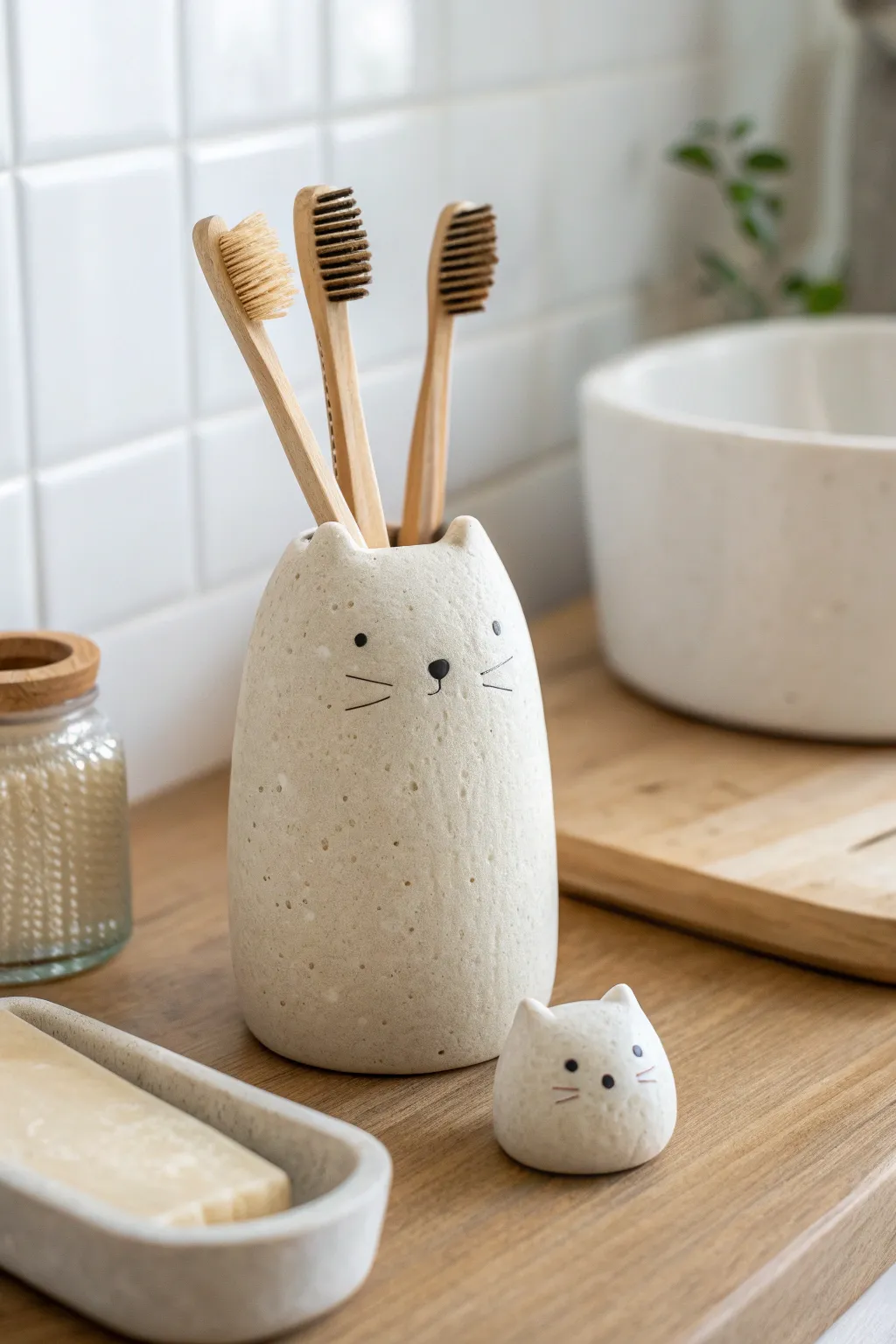 Cute clay bear or cat toothbrush holder that adds minimalist bathroom cheer and tidy function