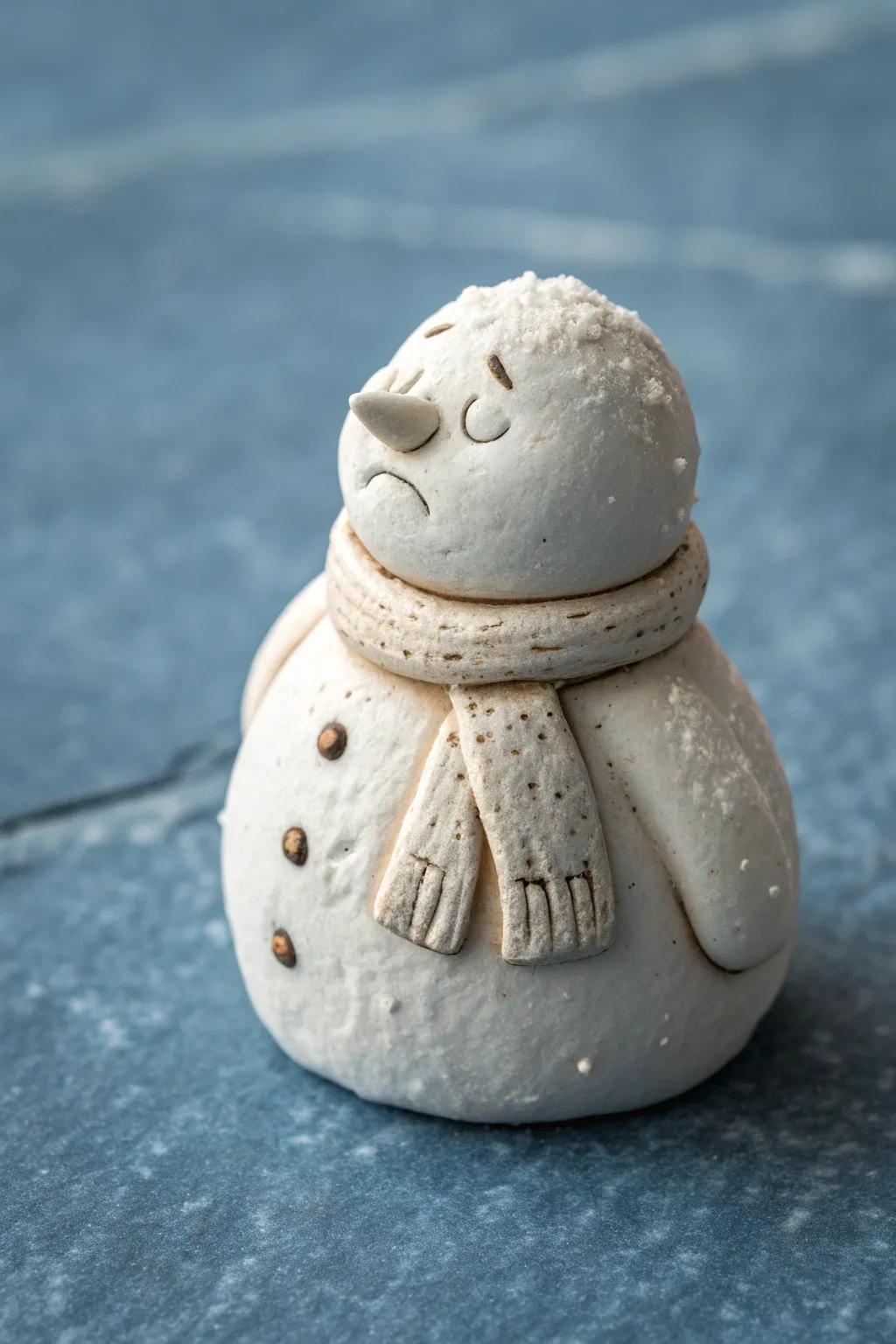 Whimsical melted snow creature figurine with a tiny scarf, minimalist winter charm