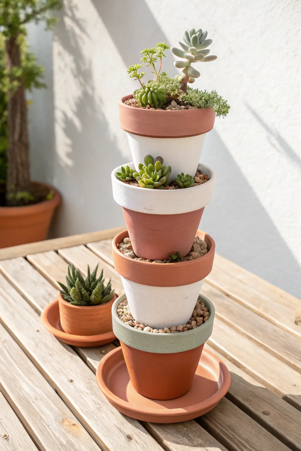 Stacked painted terracotta pots with tiny succulents make an easy, chic patio centerpiece.