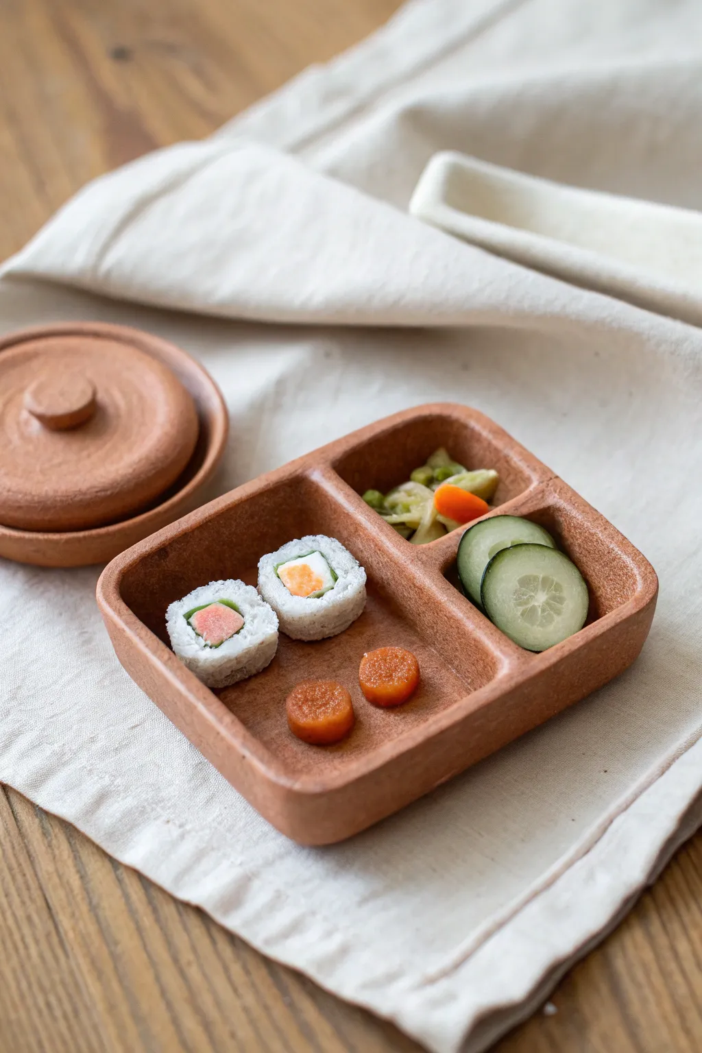 Tiny clay takeout tray with mini snacks and lidded pots, perfect for kids pretend cafe play.