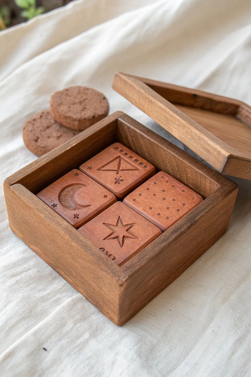 Minimal clay puzzle box ajar, revealing tiny symbol tiles inside for a cozy mystery game vibe.
