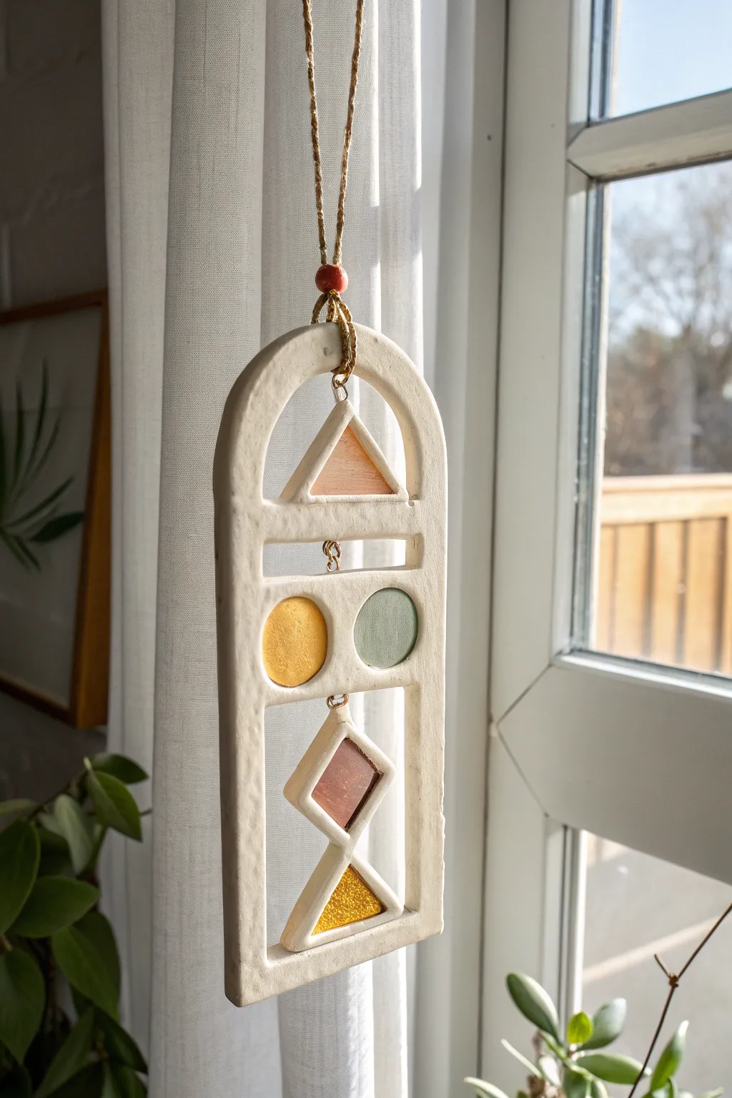 Minimal clay suncatcher frame with colorful inserts, glowing softly in a sunny window.