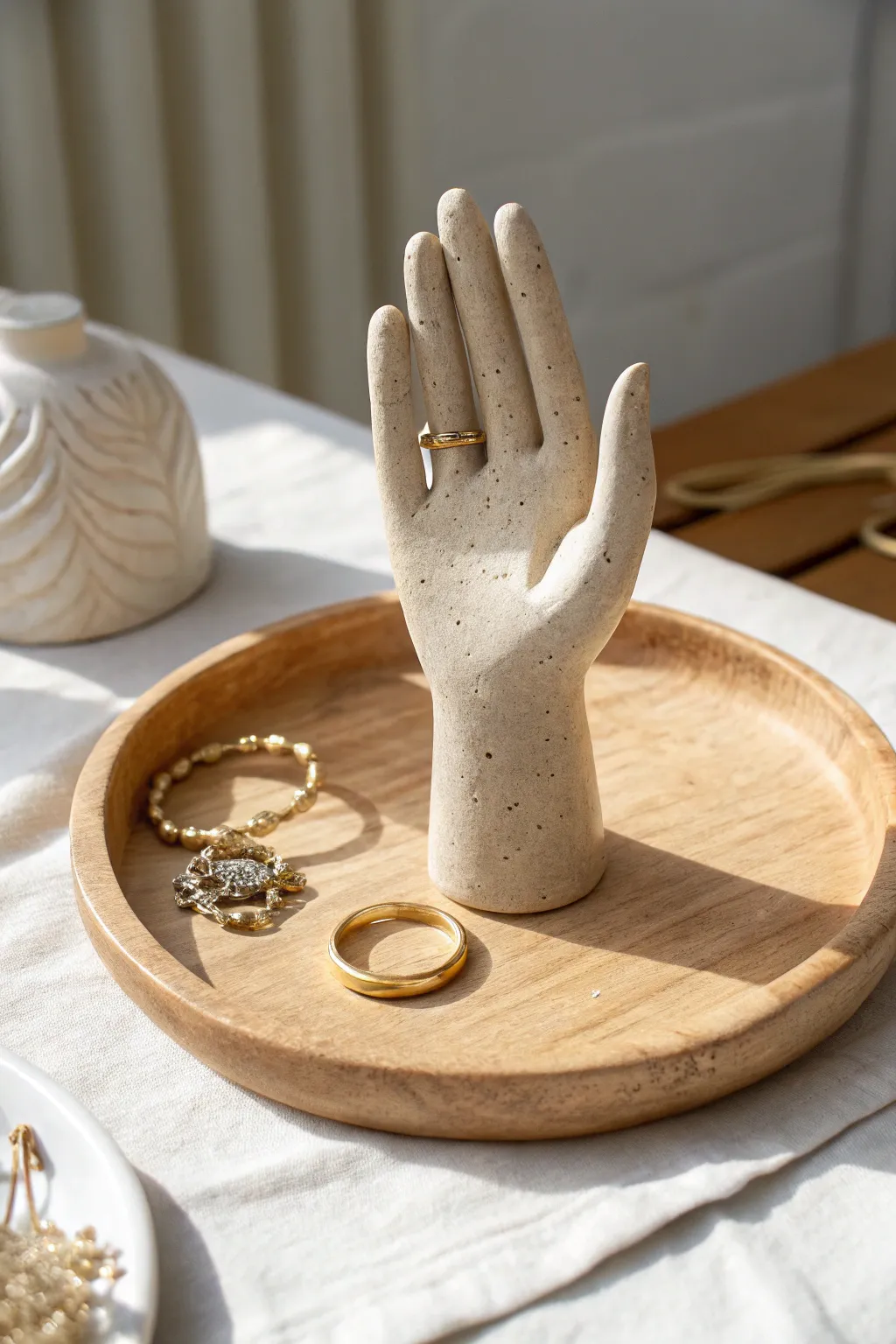 Minimalist clay hand ring holder in matte sand, styled on an oak tray for Scandi-boho calm.