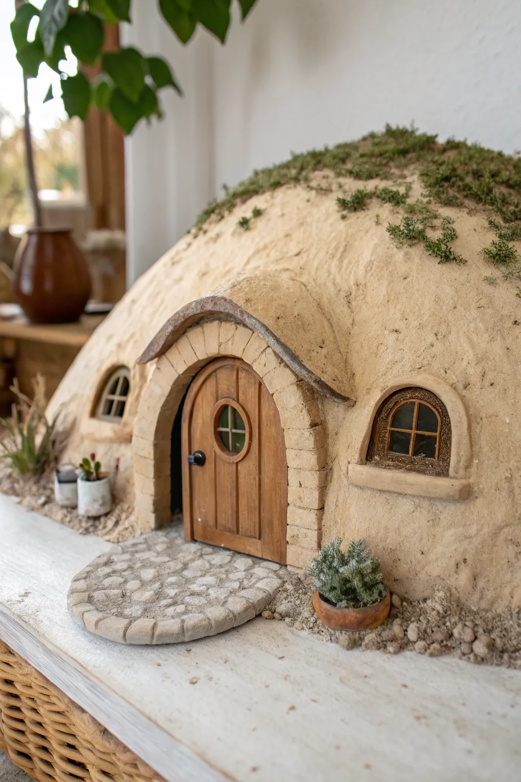 A cozy root cellar clay house tucked into a hillside mound, simple lines and earthy charm.