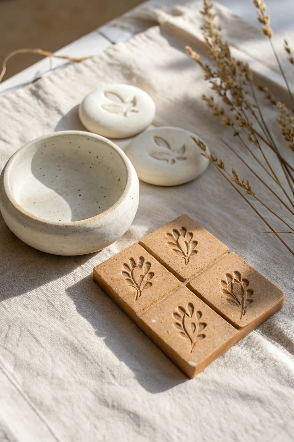 Minimal duck footprint stamp beside a clay tile with crisp tracks for simple, playful texture.