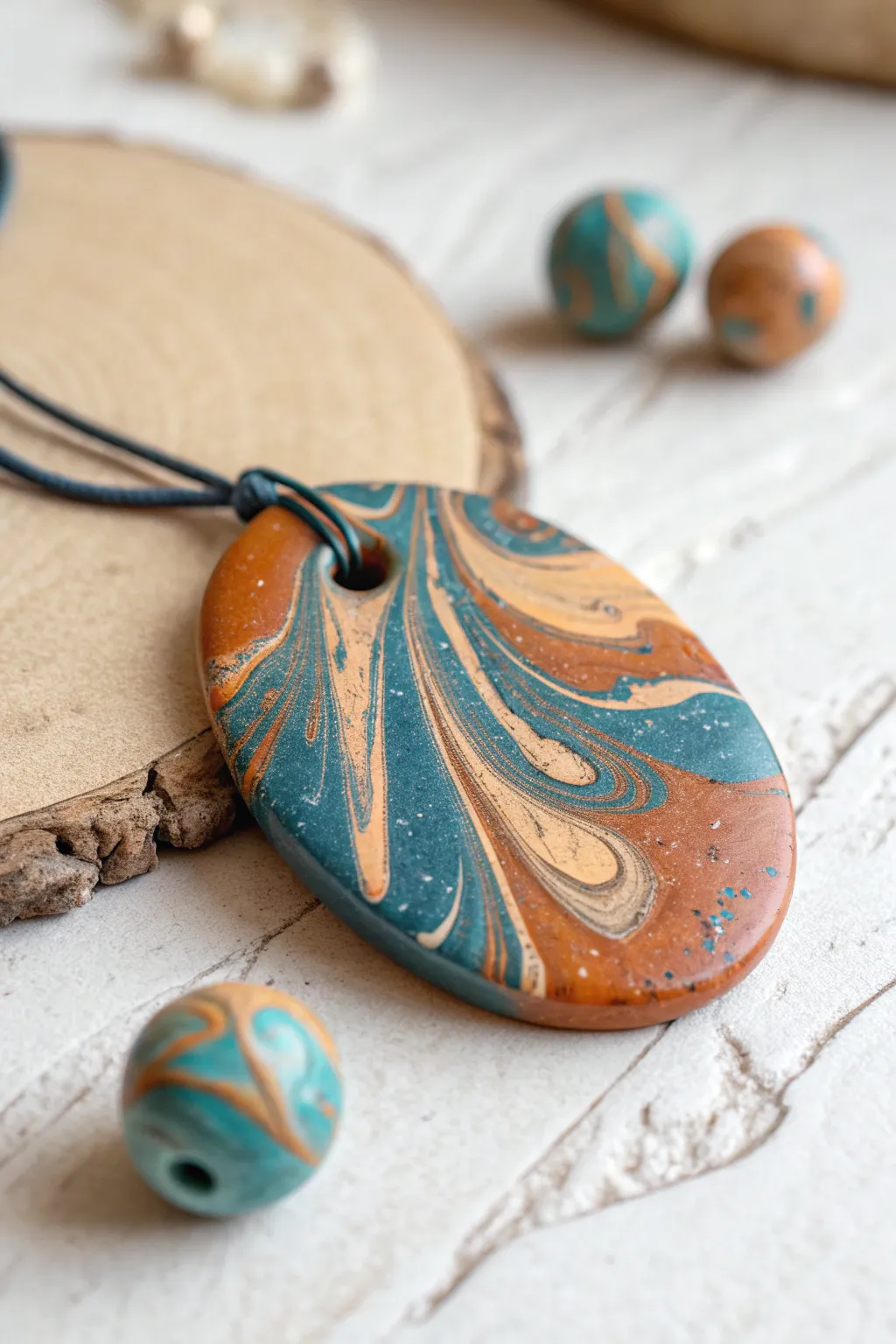 Marbled swirl clay pendant with matching beads, simple and bright, perfect for kid-friendly jewelry.