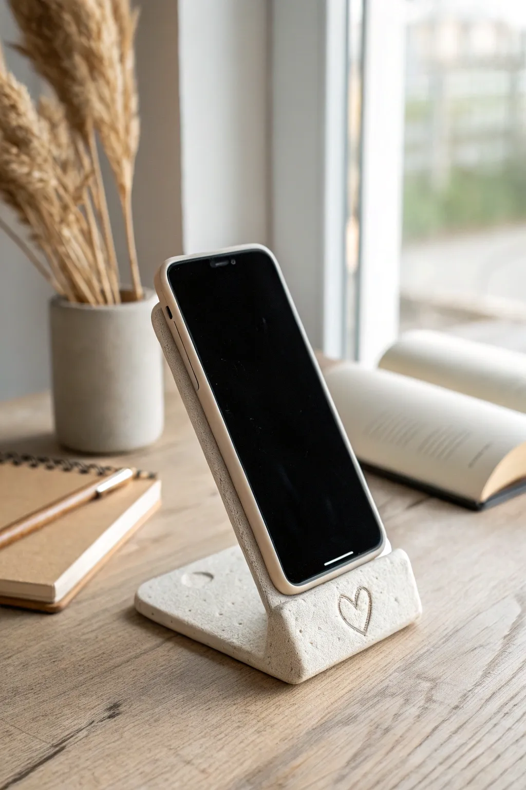 A sweet minimalist clay phone stand with a tiny heart, perfect for Mom’s calm desk setup.