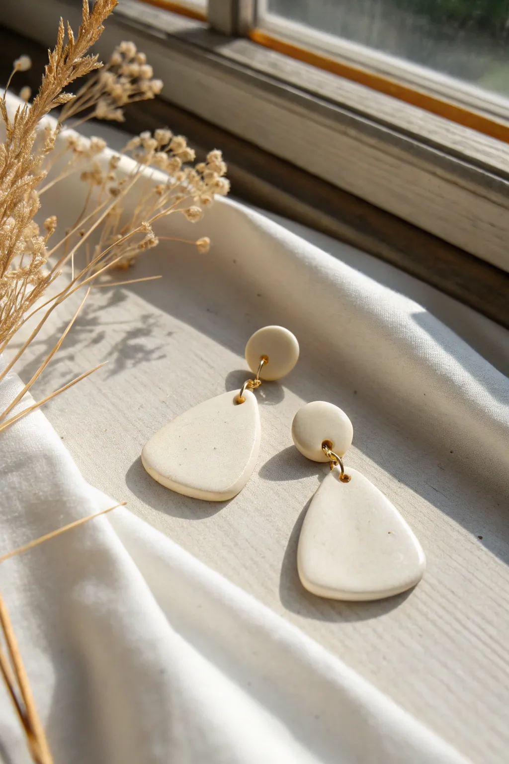 Soft folded clay earrings in a matte ivory finish, showing bold 3D form with minimal elegance.