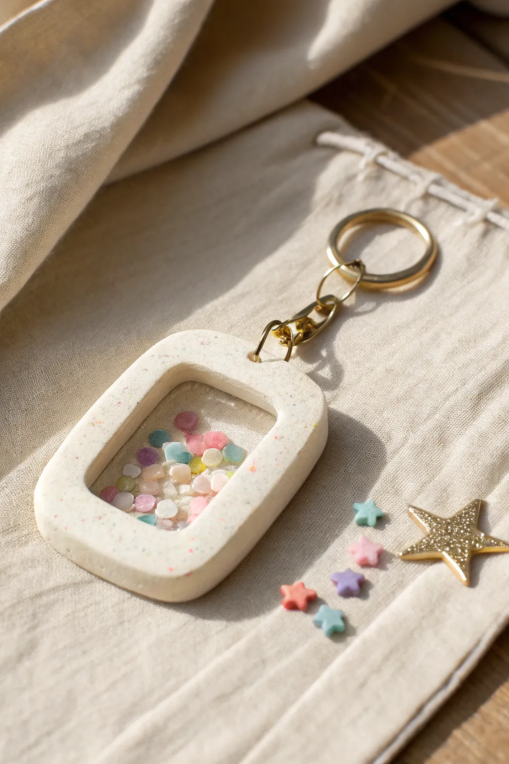 Chunky shaker window clay keychain with pastel confetti, minimalist Scandinavian boho vibe.
