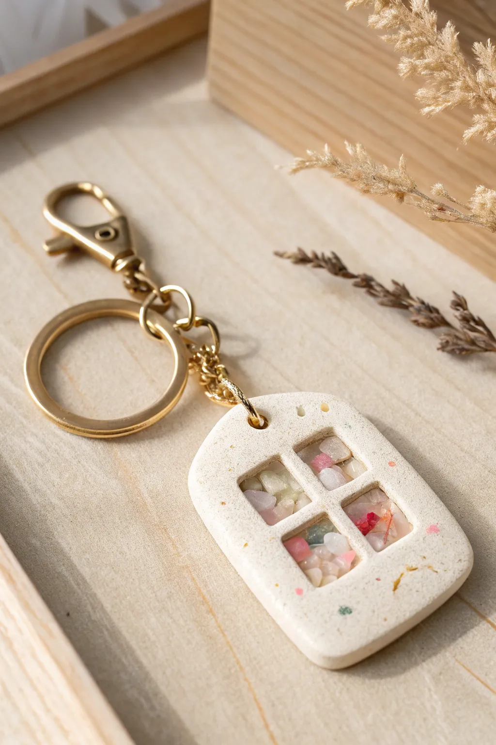 Minimal shaker window clay keychain with floating confetti, sunlit layers and soft boho tones