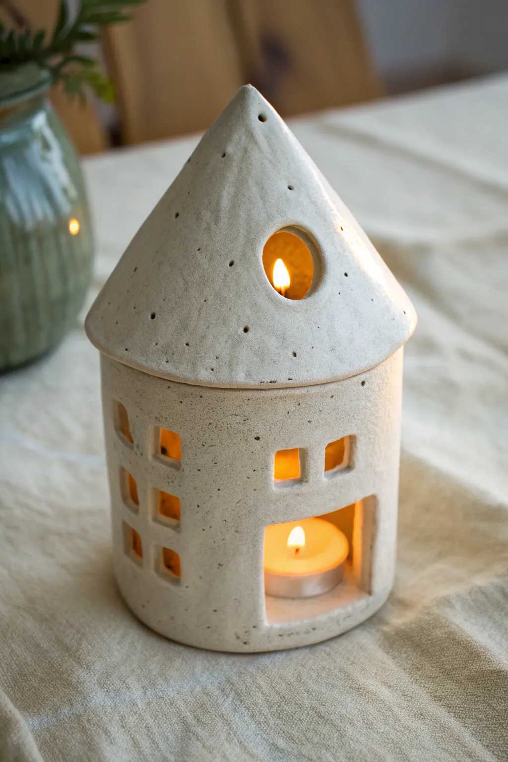 Whimsical clay birdhouse luminary with a warm glow, minimalist cottage charm in one piece