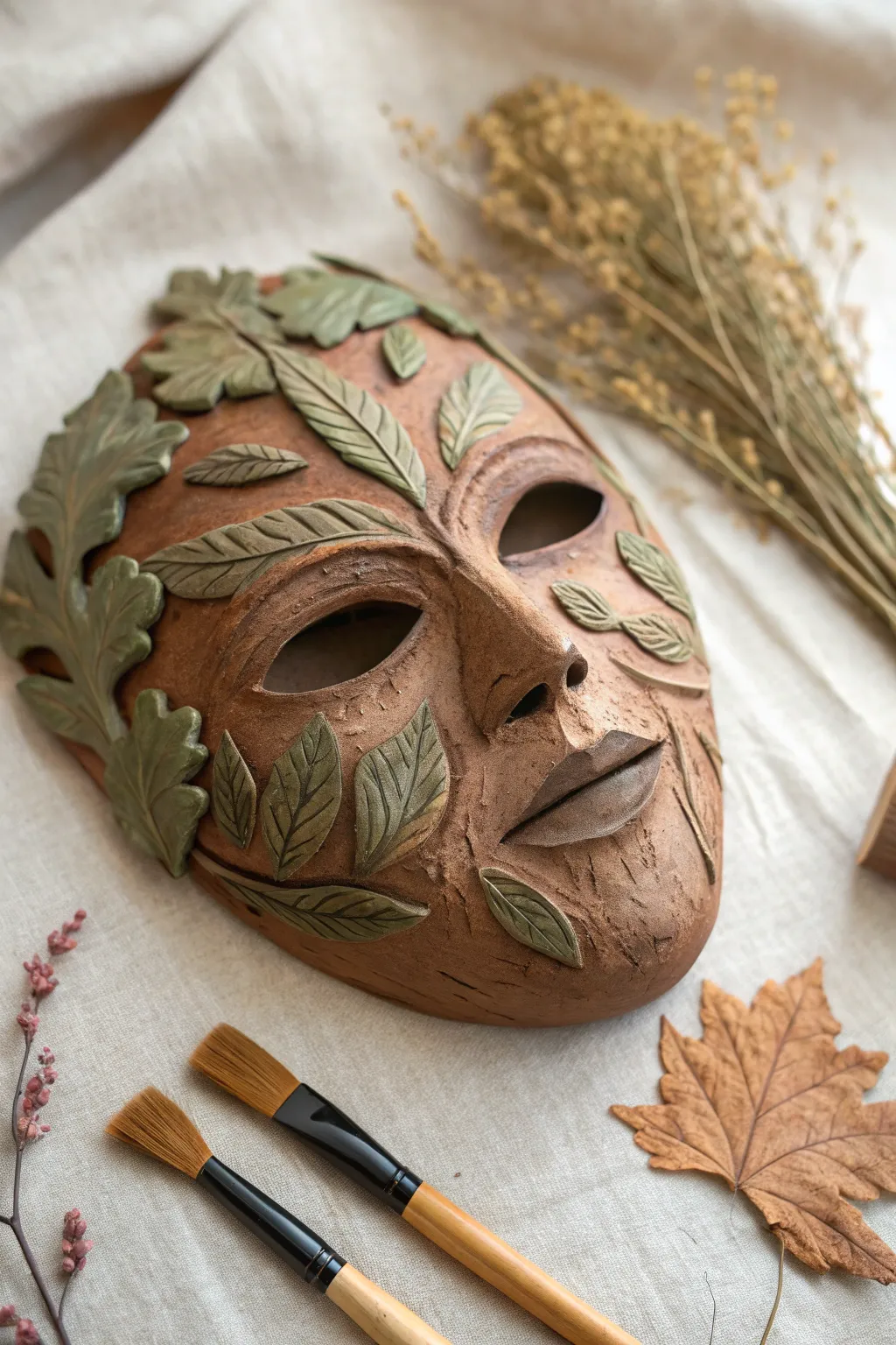 Forest spirit clay mask with leaf imprints and earthy dry-brushed texture, calm boho minimalism