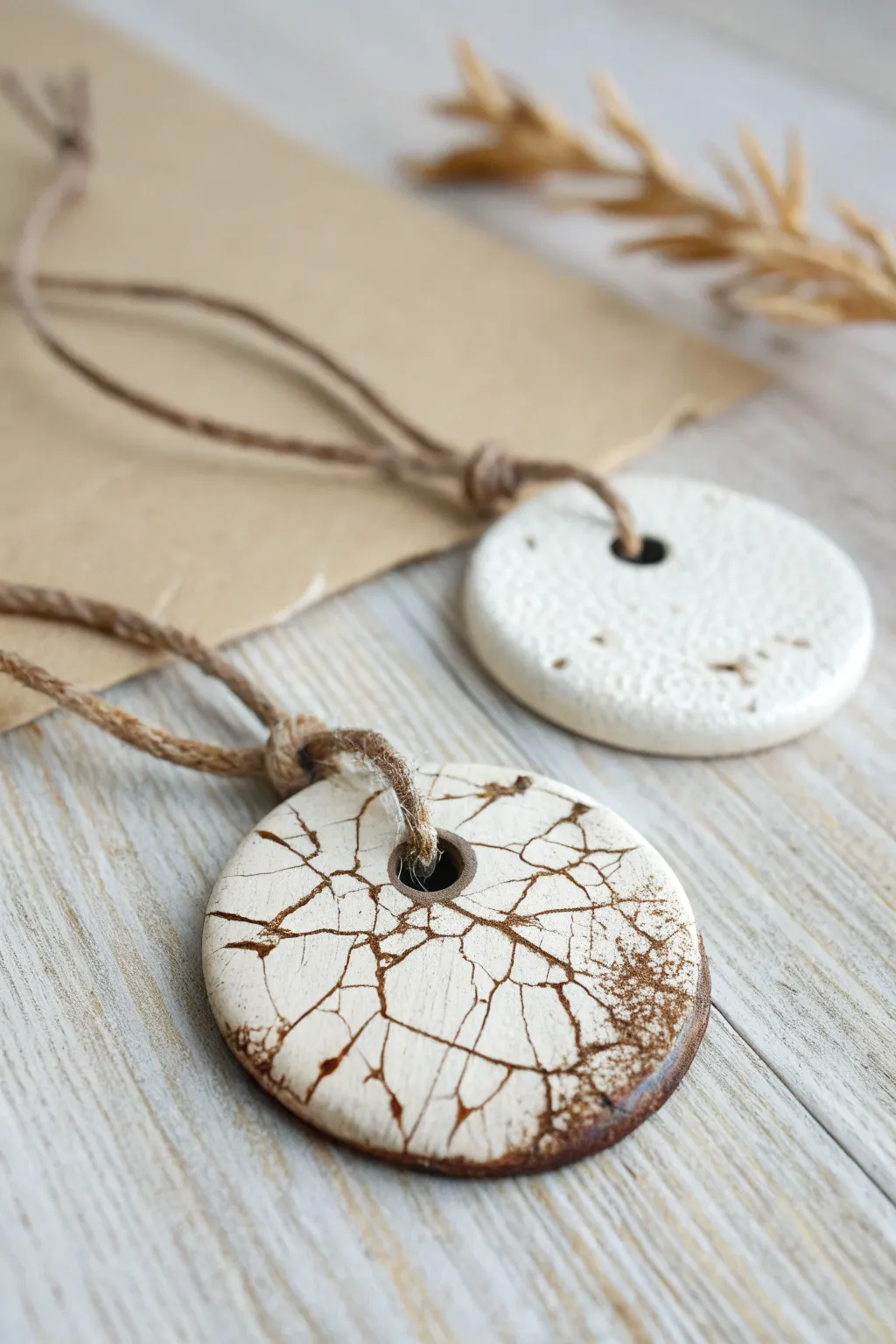 Crackle texture clay medallion with antiqued patina, minimalist boho charm for handmade jewelry.
