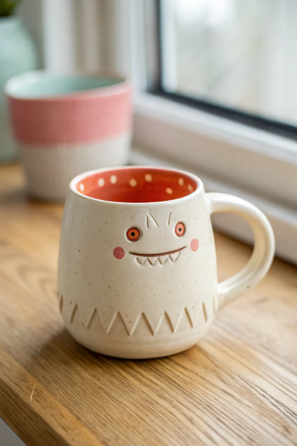 A sweet monster mug with a hidden tongue pop of color waiting just inside the rim