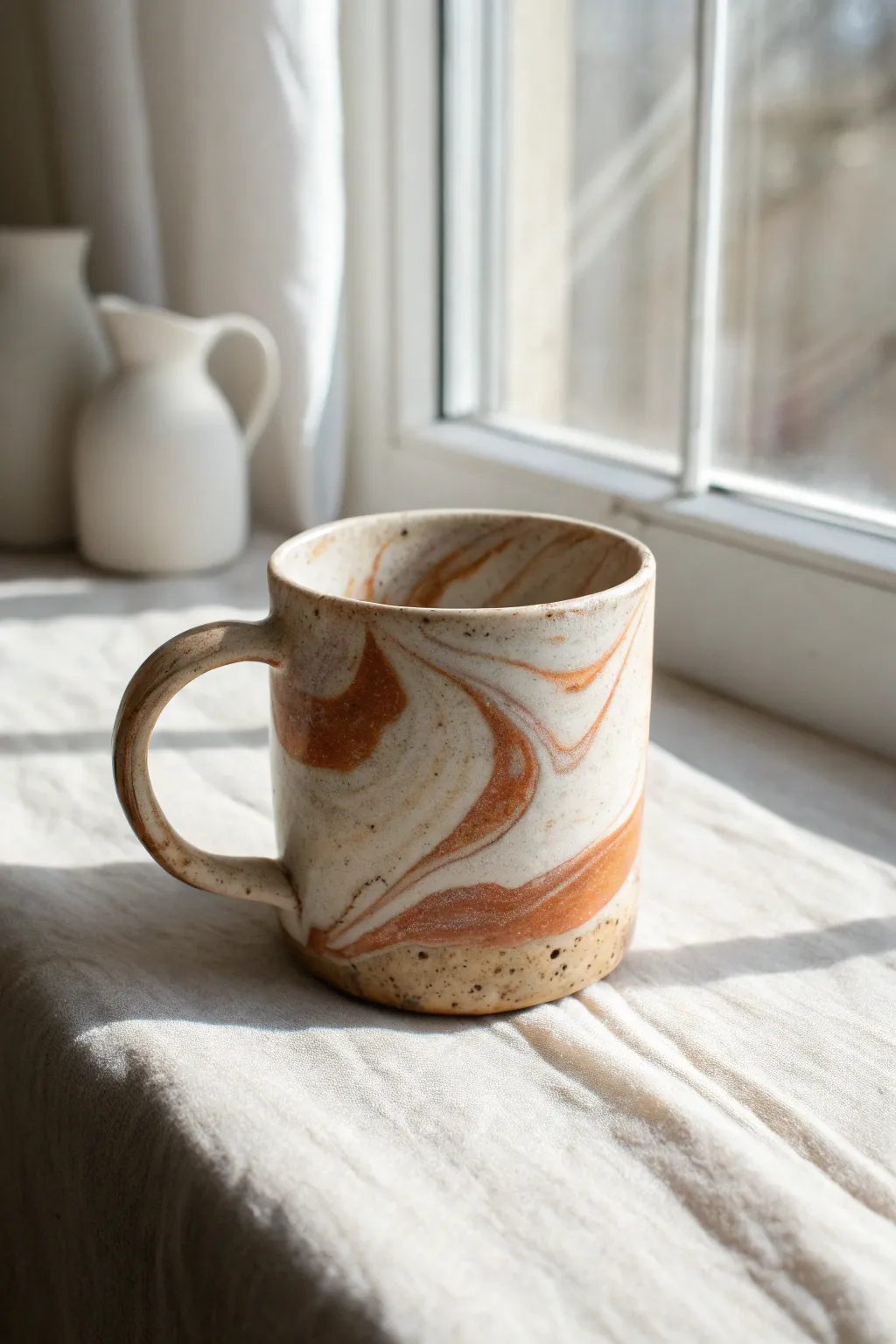 Beginner-friendly marbled clay mug with soft swirls and a simple handle in a calm minimalist style.