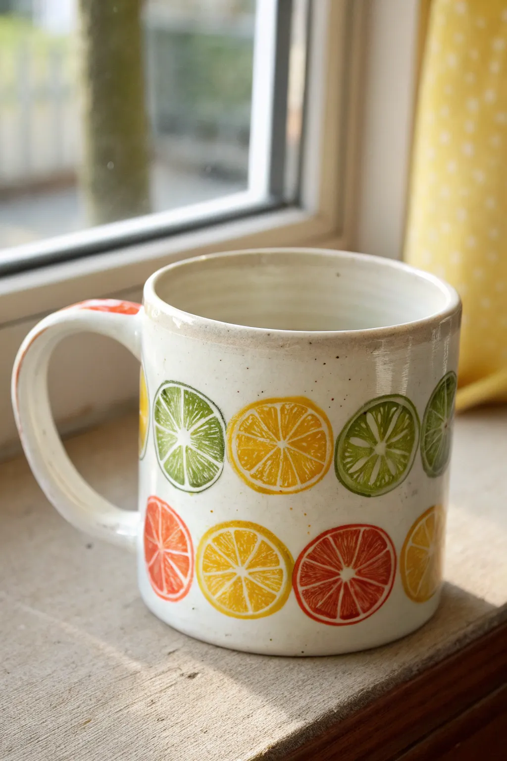 Fresh citrus slice border turns a simple mug into a bright, minimalist kitchen accent