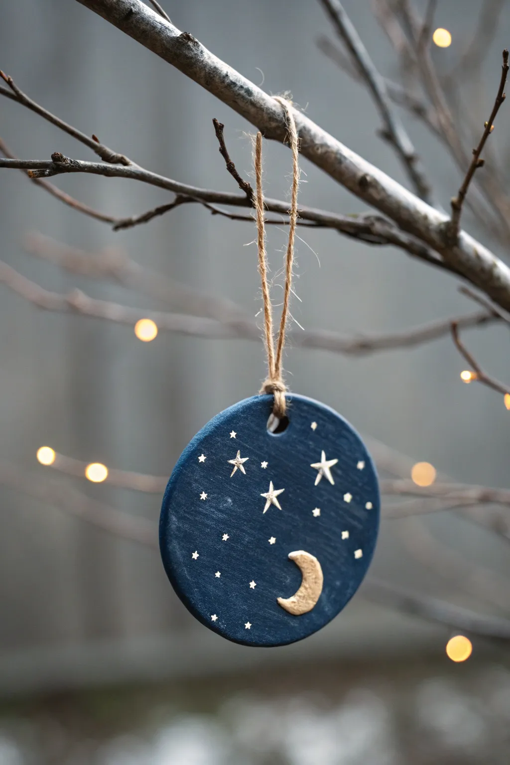 Simple clay night sky ornament with moon, tiny stars, and subtle glow for a magical kids craft
