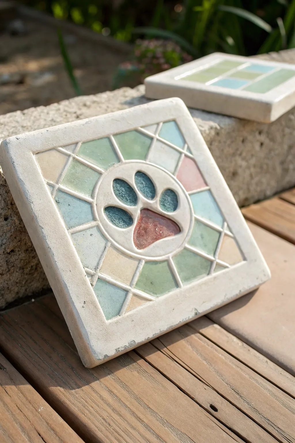 Stained-glass color blocking makes this paw print tile pop with bold lines and soft boho hues.