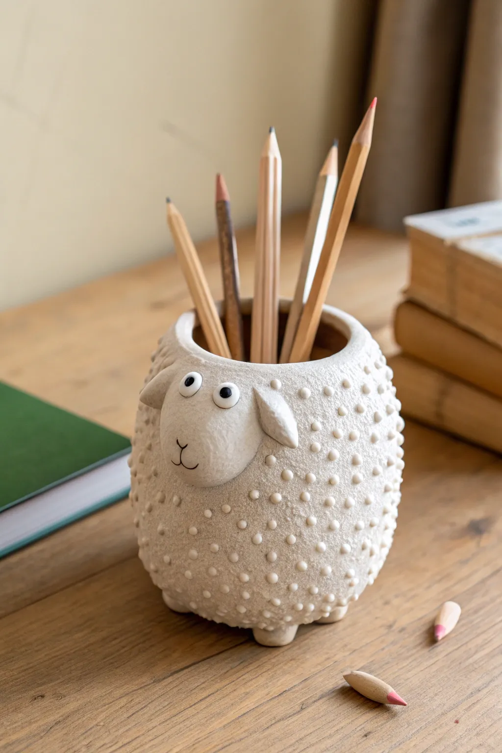 Sweet sheep-textured clay pencil holder that keeps your desk tidy with cozy handmade charm.