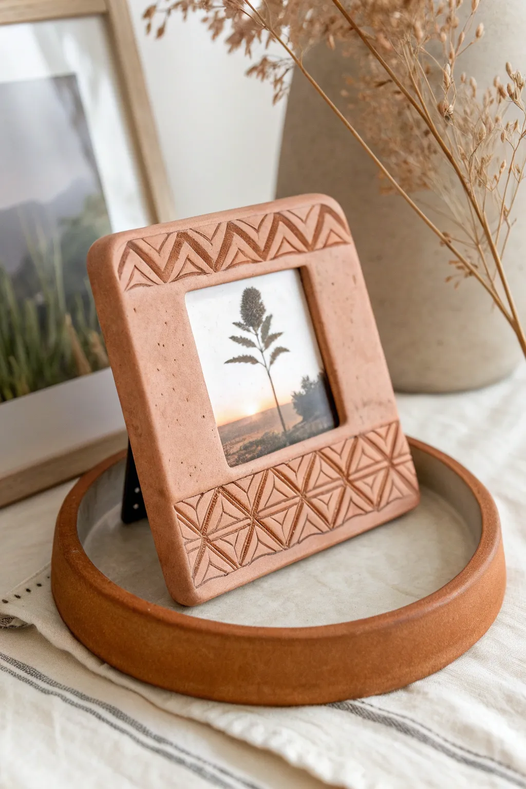 Minimal clay plaque photo holder with stamped texture, a Scandinavian boho keepsake for snapshots.