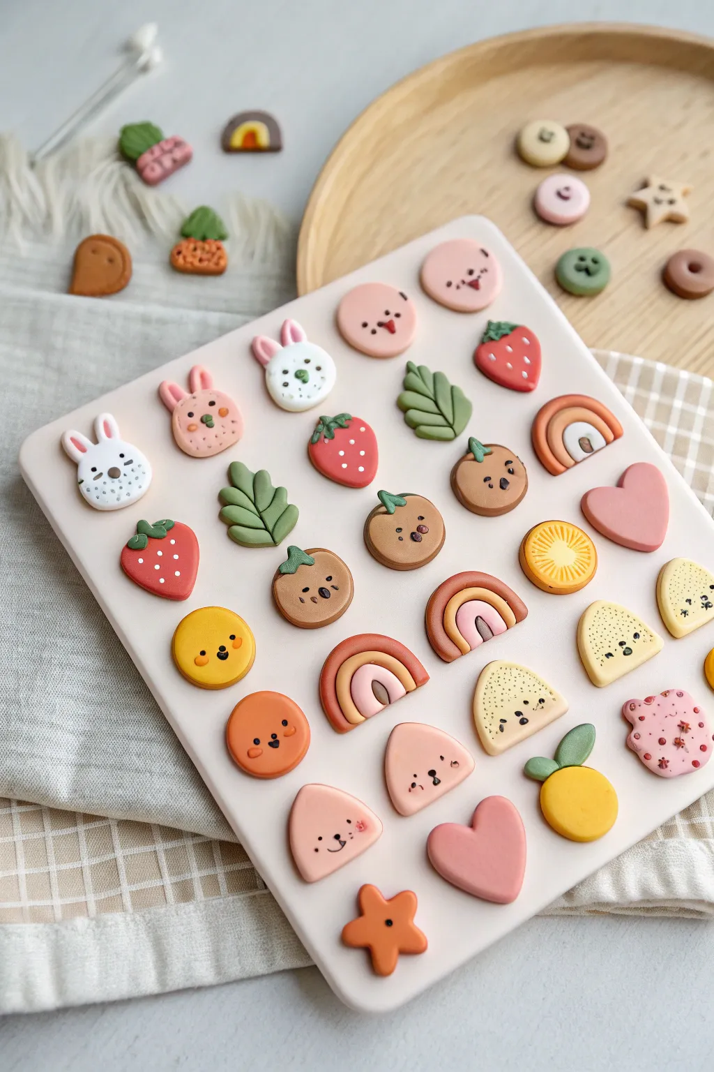 A soft-toned mix-and-match clay pin grid with sweet icons for an easy collectible vibe