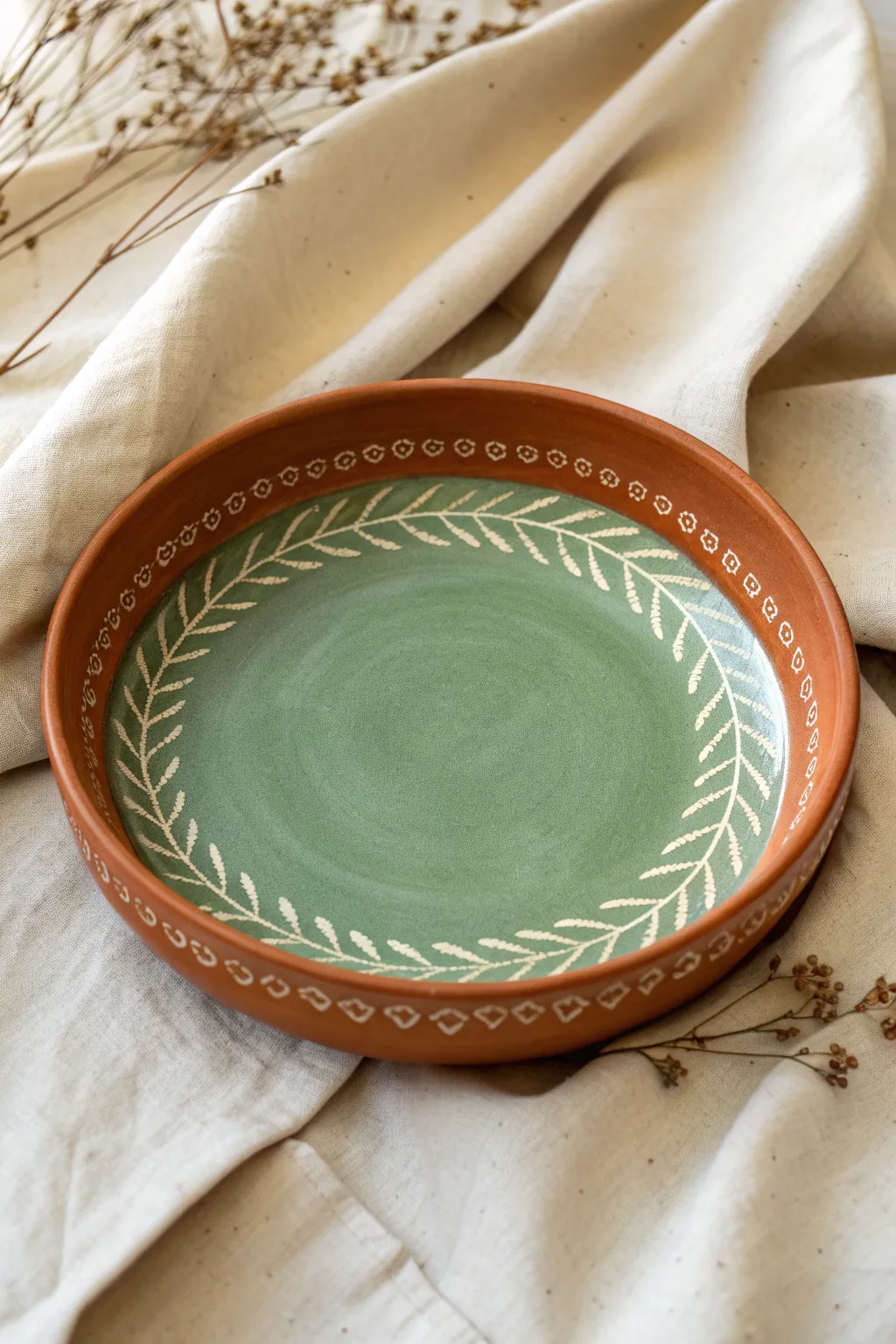 Minimalist sgraffito plate with leafy scratch-through lines, an easy clay plate painting idea