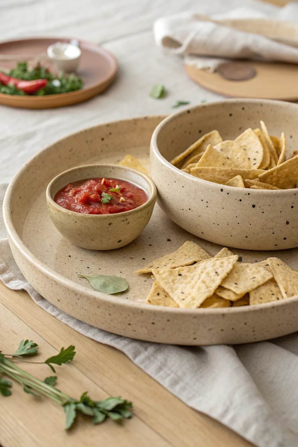 Minimal chip-and-dip clay platter with built-in bowl, styled with chips and bright salsa