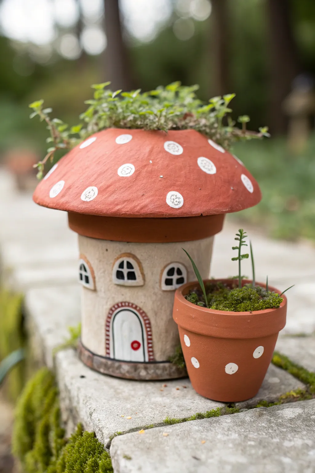 Whimsical mushroom-house clay pot with a tiny plant, perfect for simple garden decor.