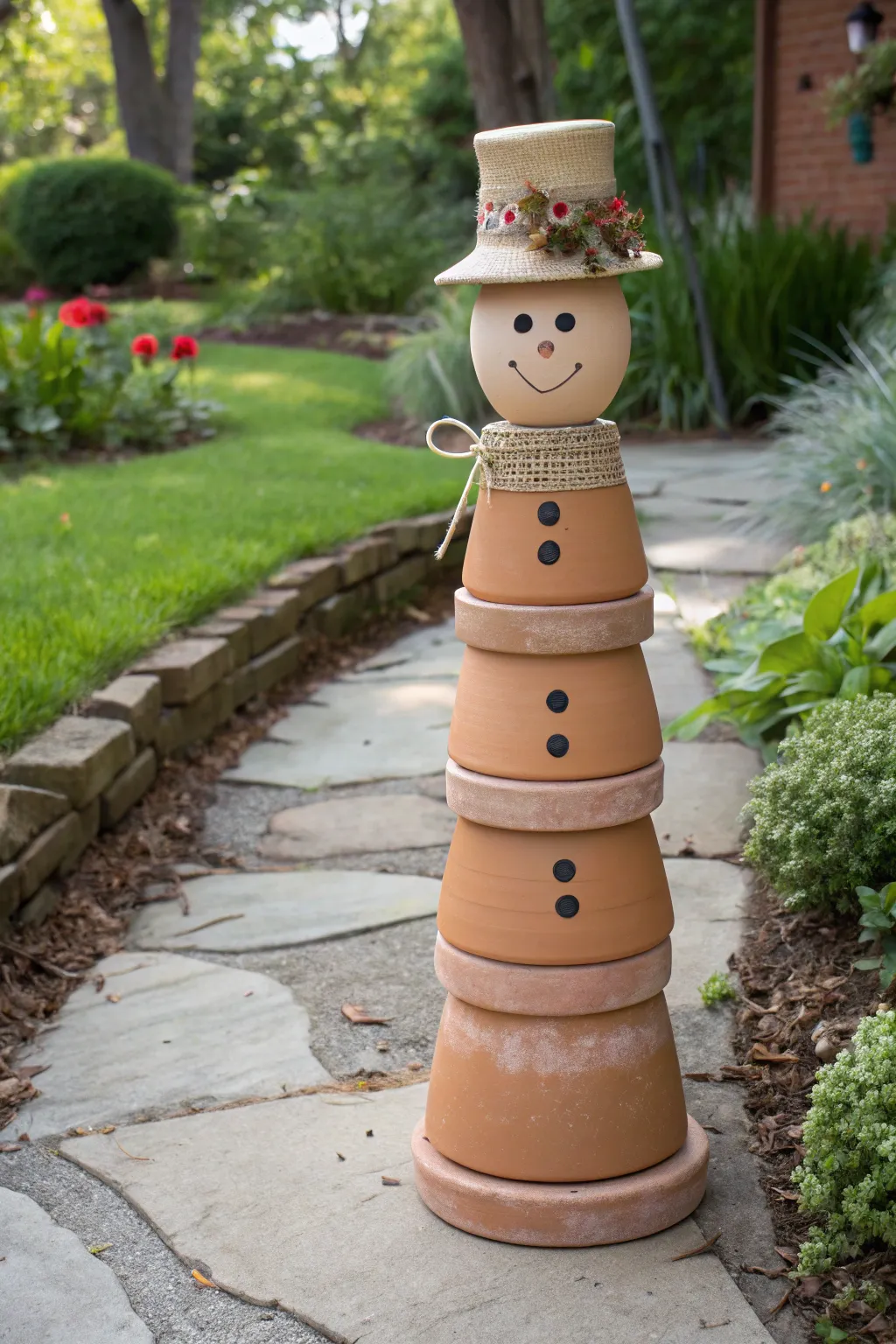 Stacked terracotta pot totem with a sweet face and boho touches, perfect for garden charm