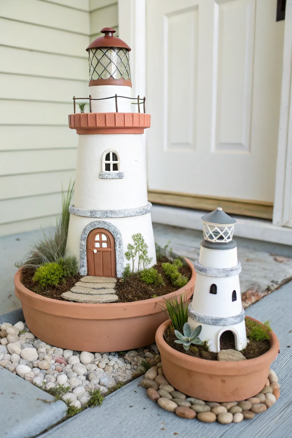 Minimal clay pot lighthouse fairy garden with a tiny pebble path and soft, natural textures