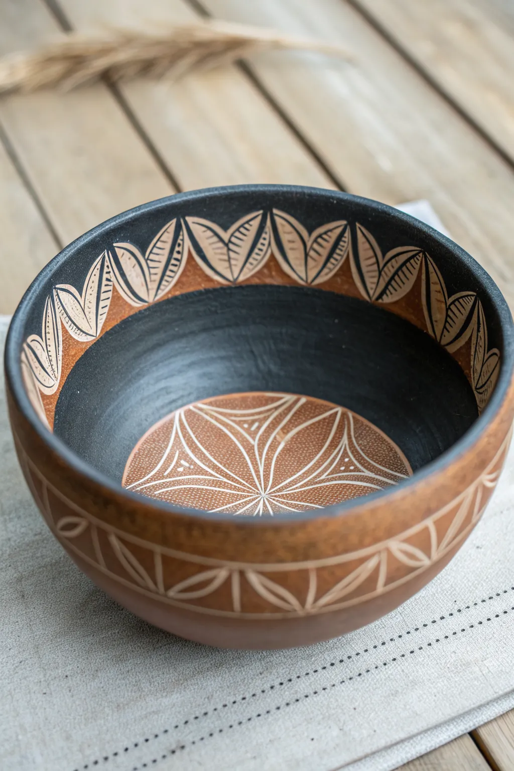 Dark sgraffito bowl with simple scratch-back lines, a chic minimalist pottery painting idea