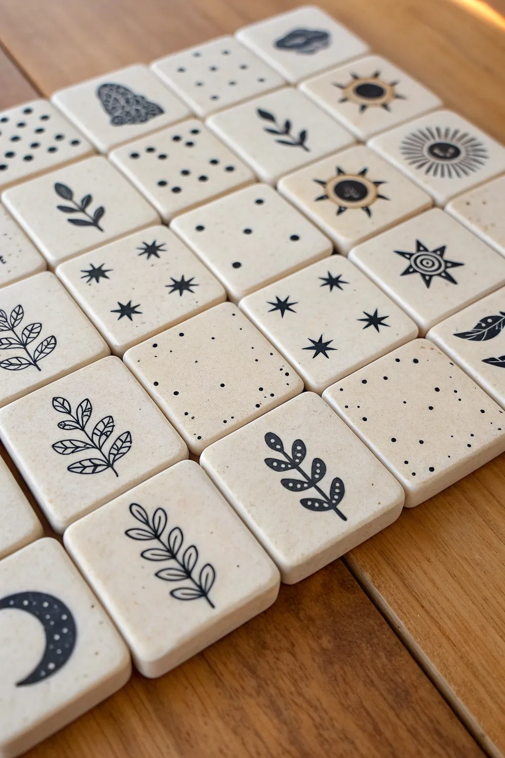 Minimal handmade clay dominoes with stamped symbols, a stylish high school ceramics project.