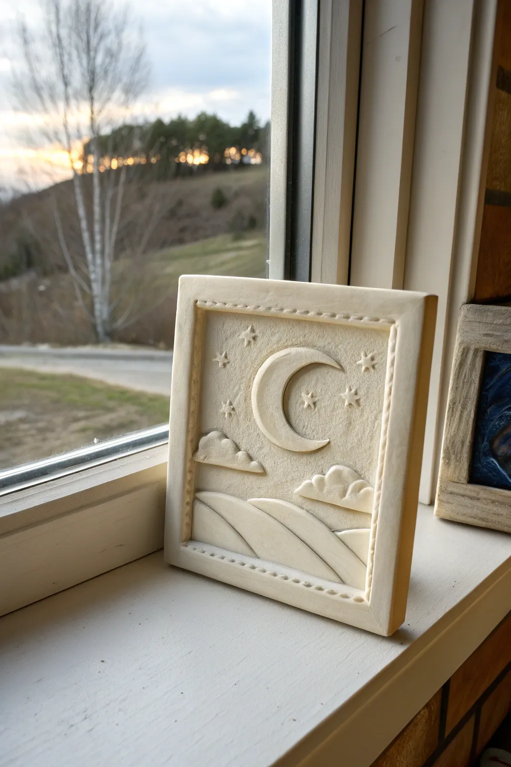 Dreamy shadowbox window relief tile with layered moon, clouds, and hills in calm matte clay