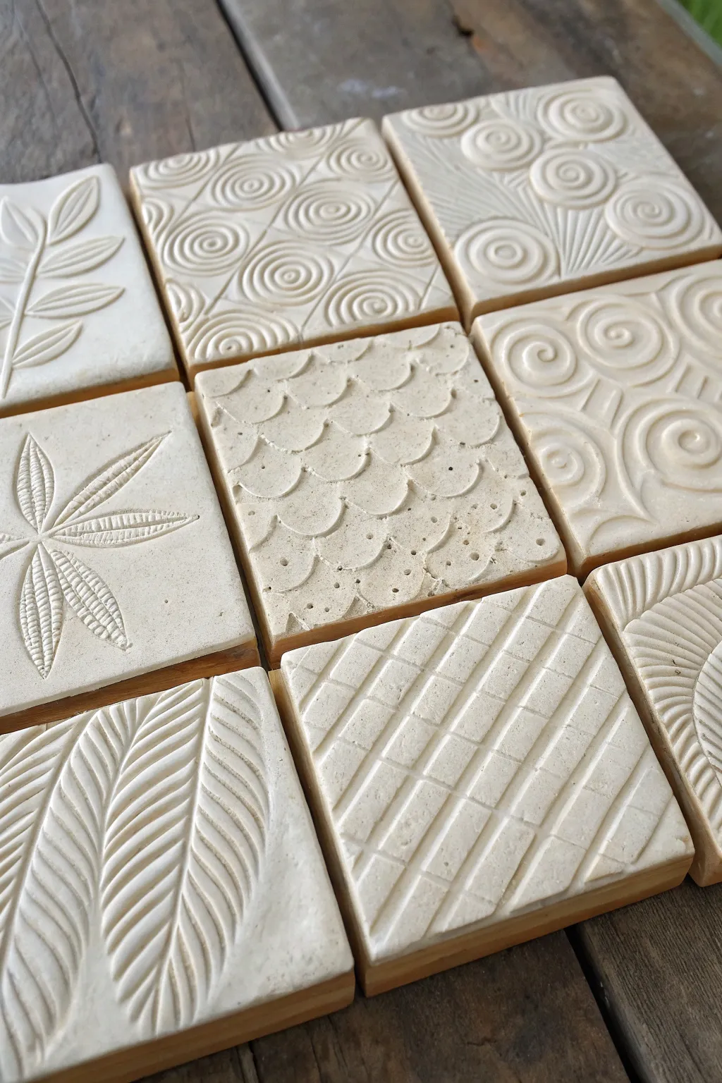 Minimal clay relief sampler grid with nine tactile textures, soft matte tones, and crisp shadows