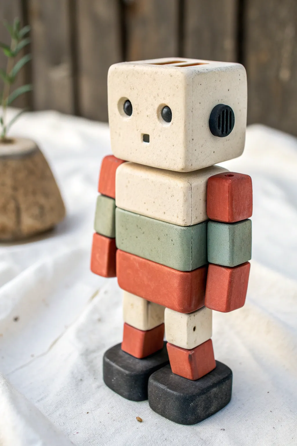 Simple stacked clay robot totem with soft color blocks, minimalist Scandinavian boho charm.
