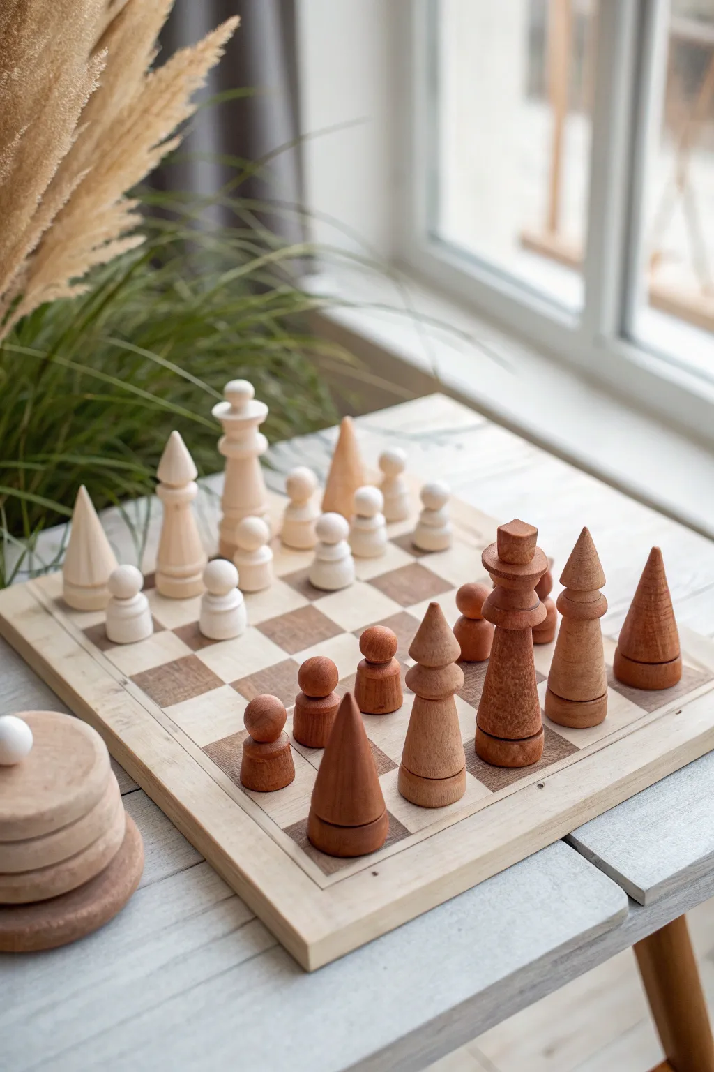 Minimal clay chess set in two tones, simple forms and warm handmade texture on a clean board