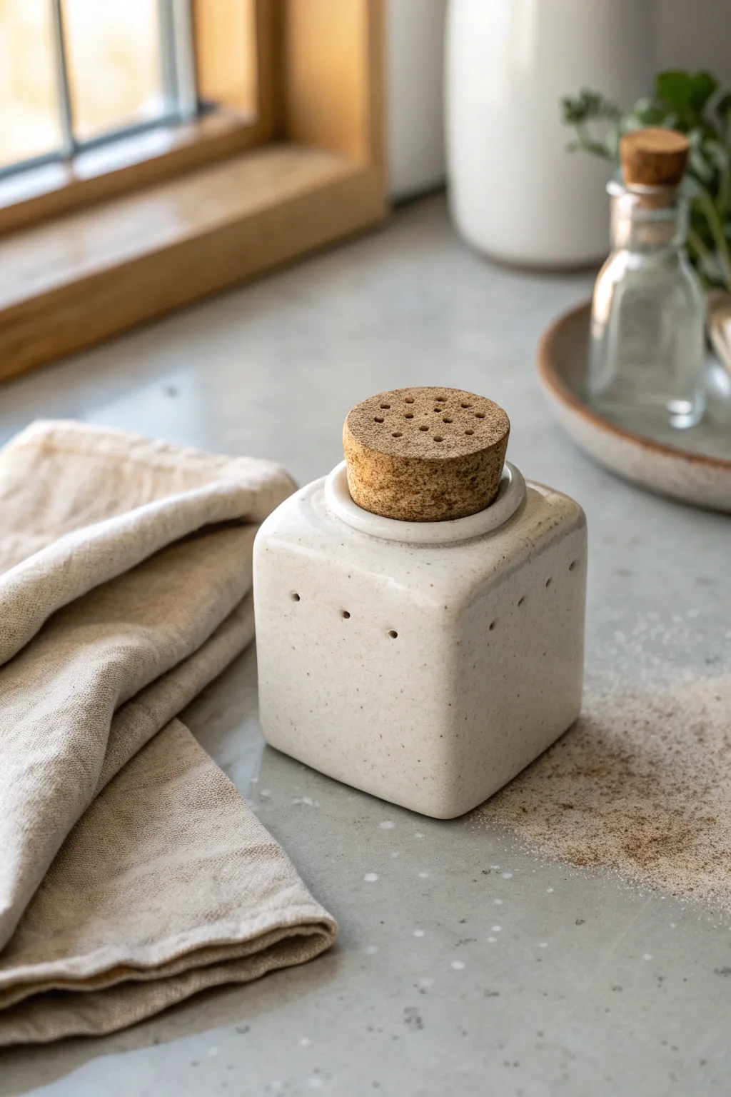 Cork-stopper clay spice shaker with clean holes and a matte glaze, styled in calm Scandi-boho light.