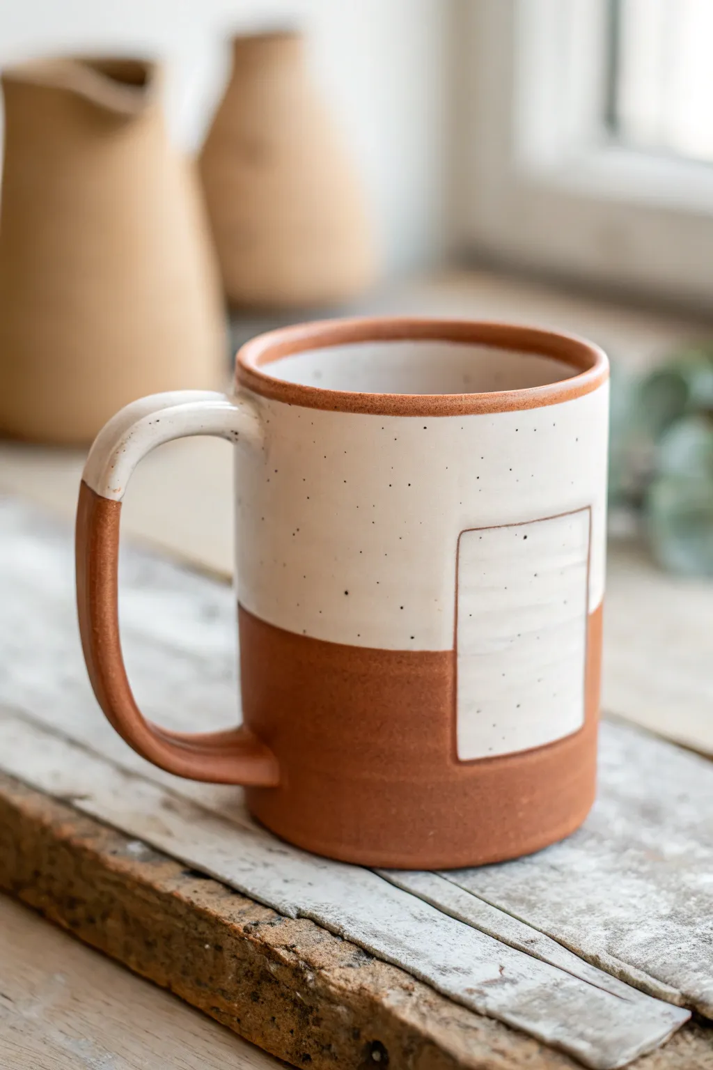 Minimal slab mug with recessed window inset, matte glaze and raw clay contrast for modern boho charm
