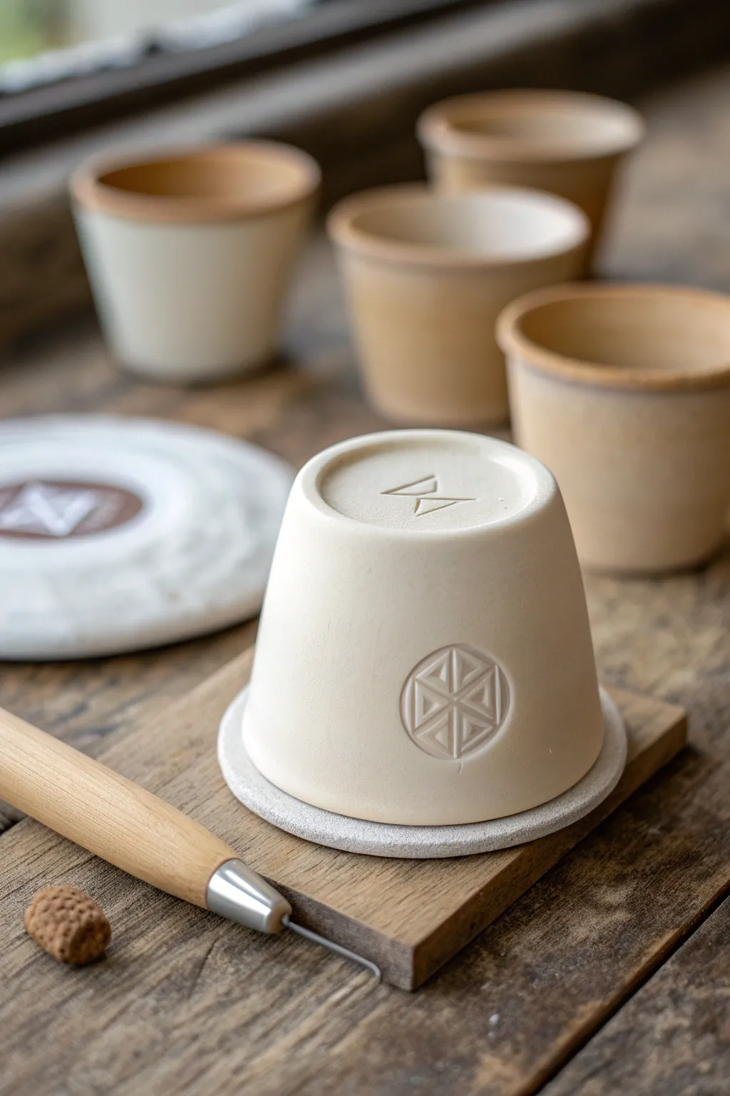 Flip, stamp, and sign every piece with a clean maker’s mark on a finished cup base.