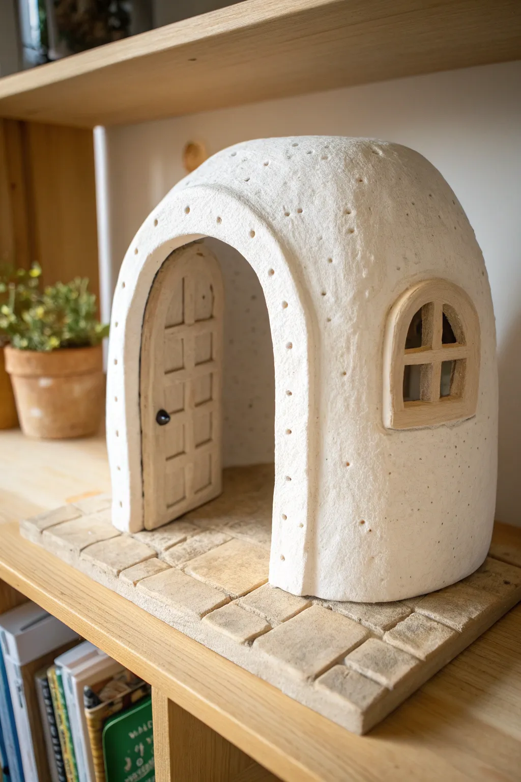 Minimal clay book nook room with an arched doorway, simple slabs, and soft Nordic warmth.