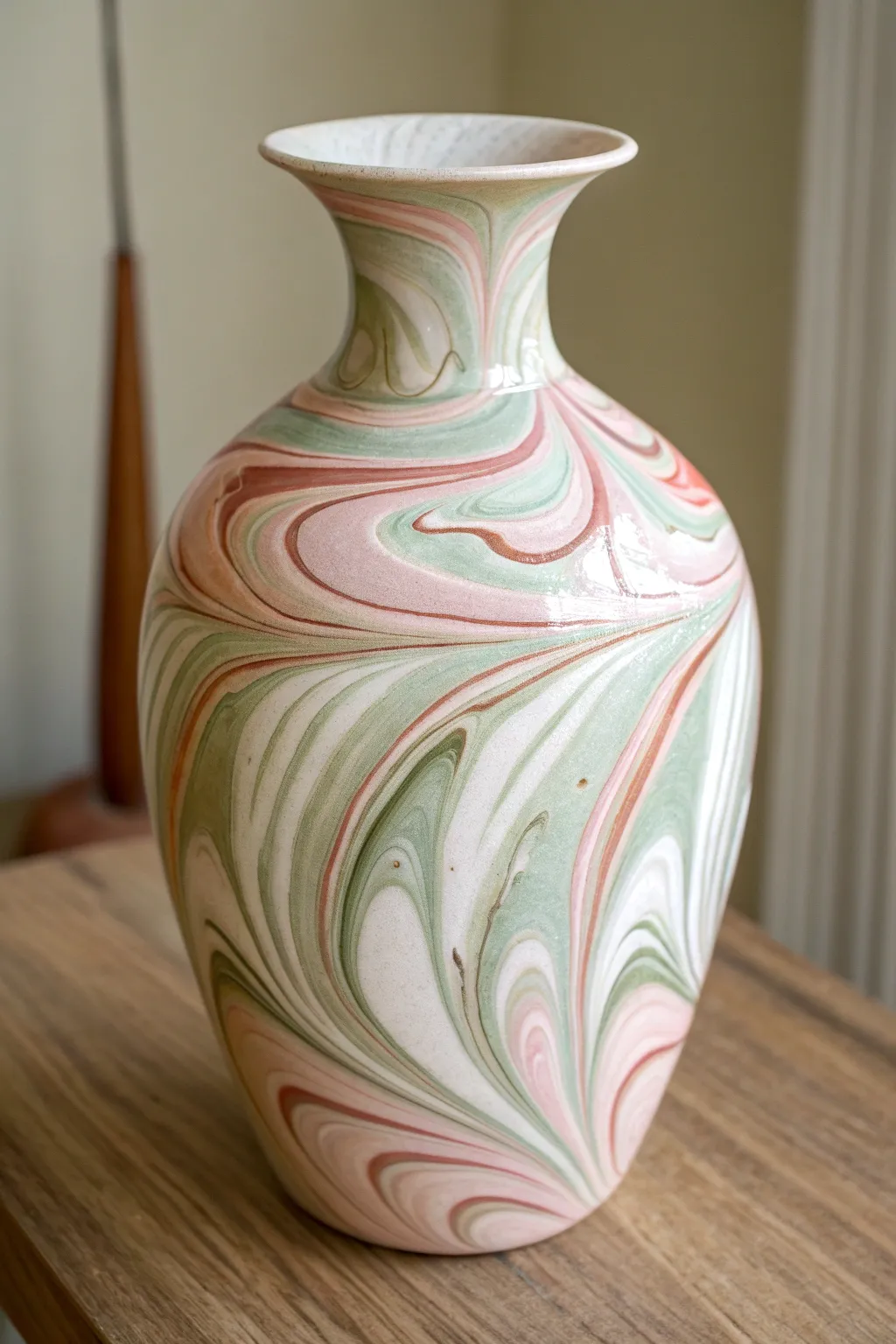 Soft marbled wheel-thrown vase in blush, sage, and cream, a simple swirl idea to try