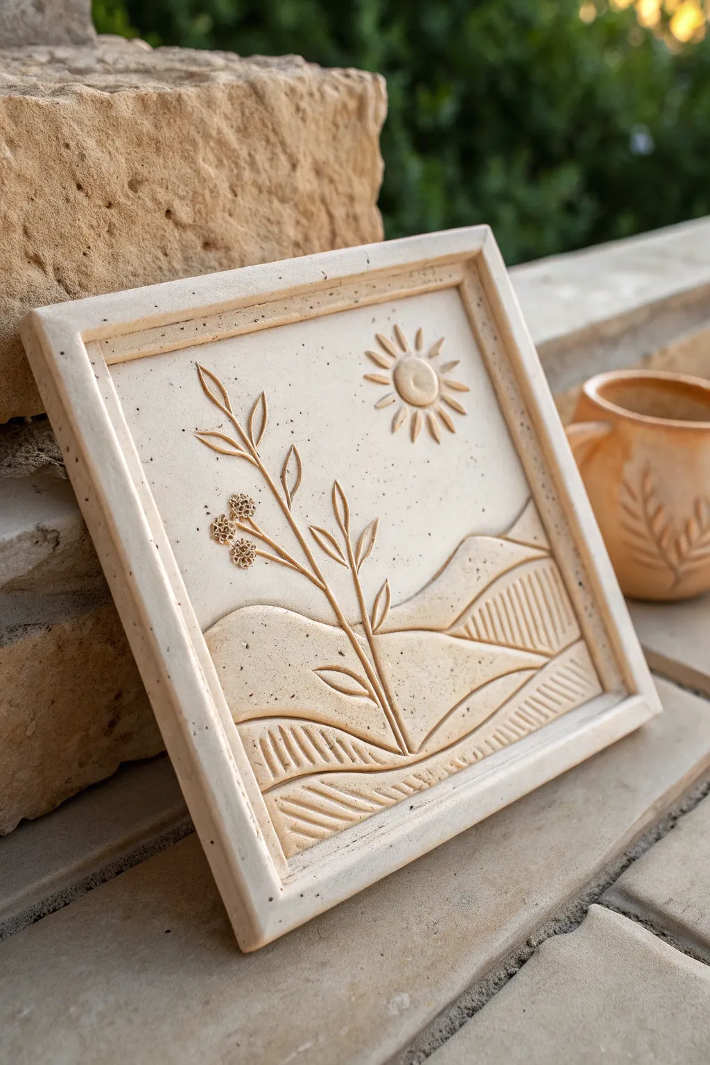 Shadowbox style relief tile with a raised frame border and a calm carved scene inside