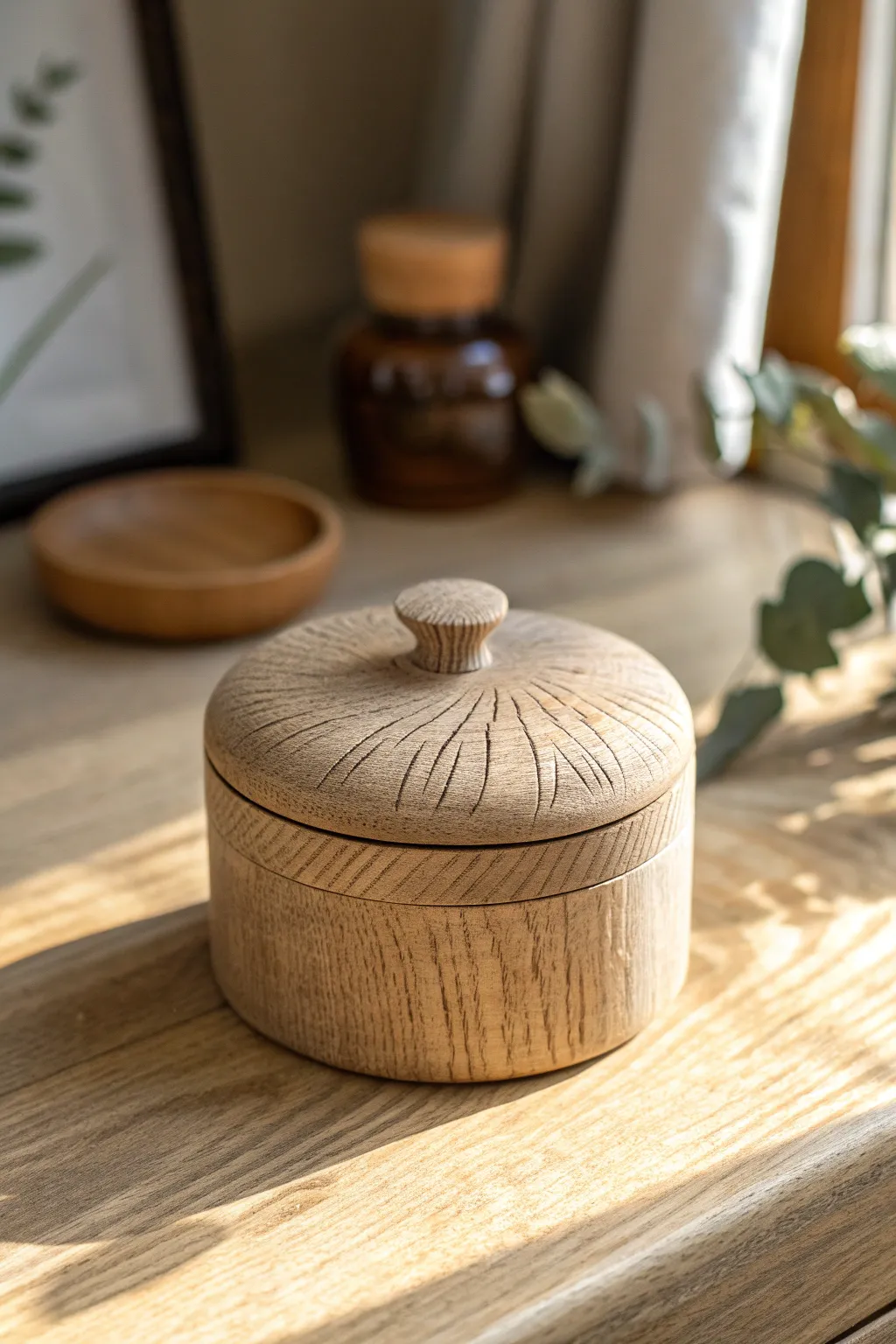 DIY faux wood-carved clay trinket box, warm and minimal with believable grain and etched lid.